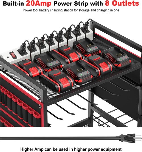 JUNNUJ Garage Tool Organizer Cart - Heavy-Duty Power Tool Storage with 20A Charging Station - Red