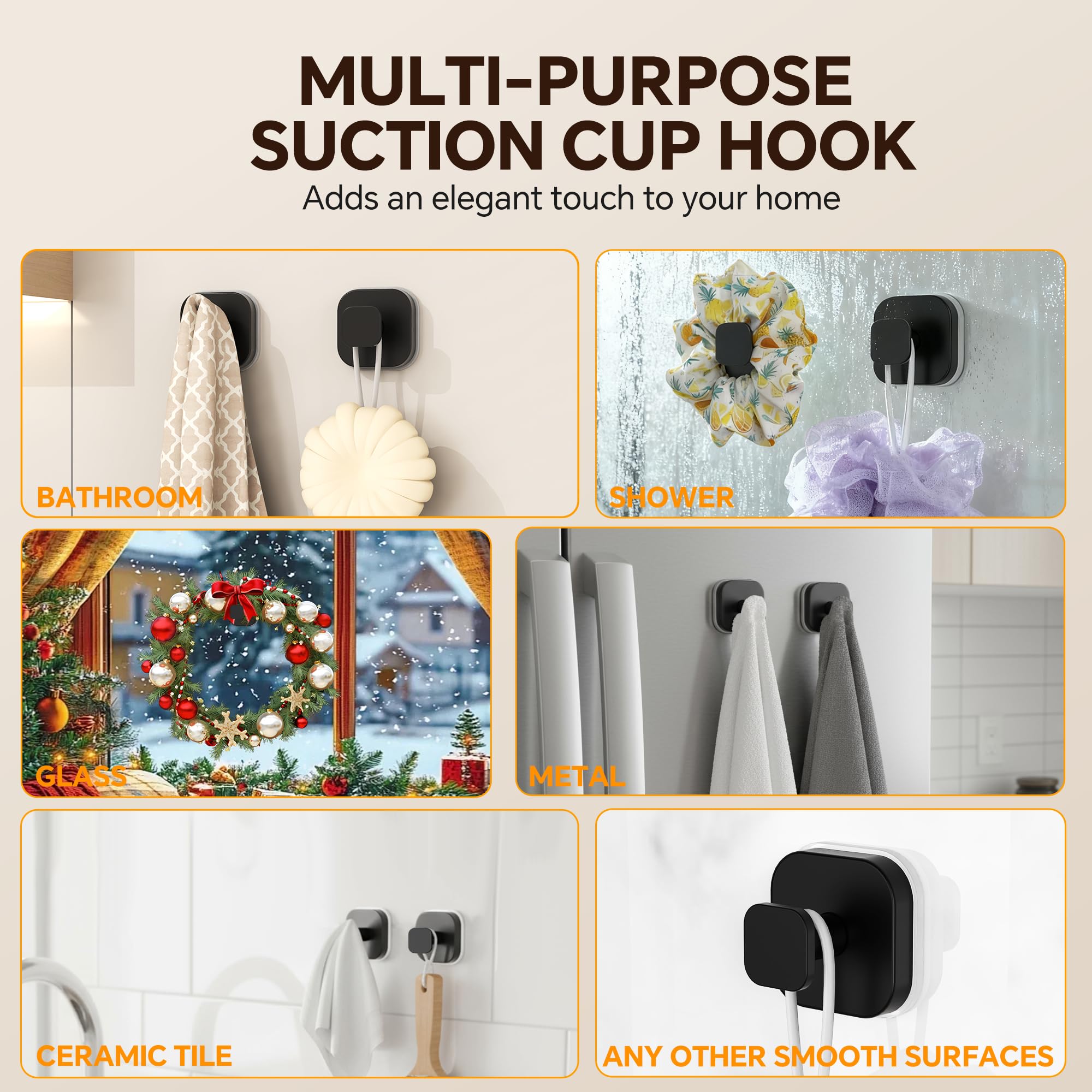 4 Pack Stainless Steel Suction Cup Hooks for Shower, Removable No Drill Towel Hooks for Bathroom Glass Door Mirror Tile, Waterproof Rustproof Suction Hooks for Loofah, Bath Robe, Coat, Matte Black