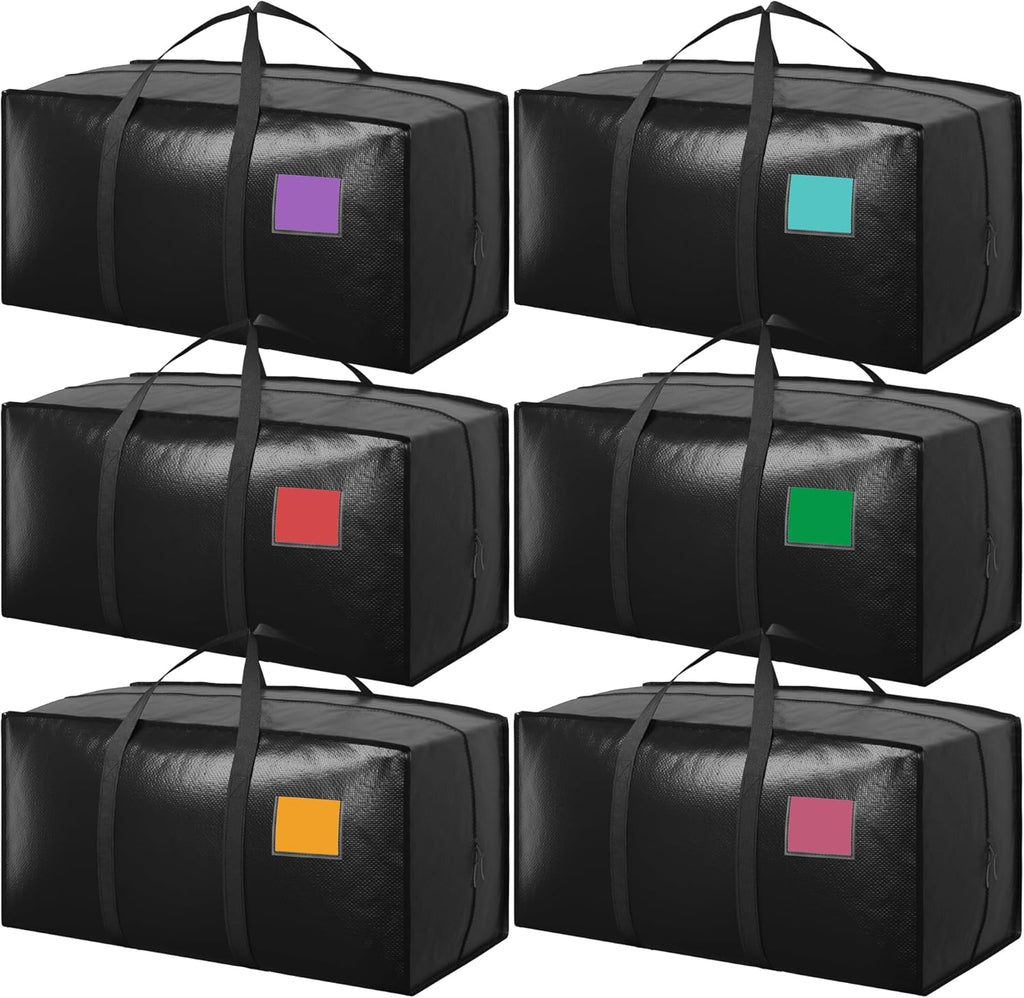 Skiennix Extra Large Heavy Duty Moving Bags - Reinforced Zipper & Wide Handles | Moisture-Resistant Storage for Clothes & Travel - Black, 6 Pack