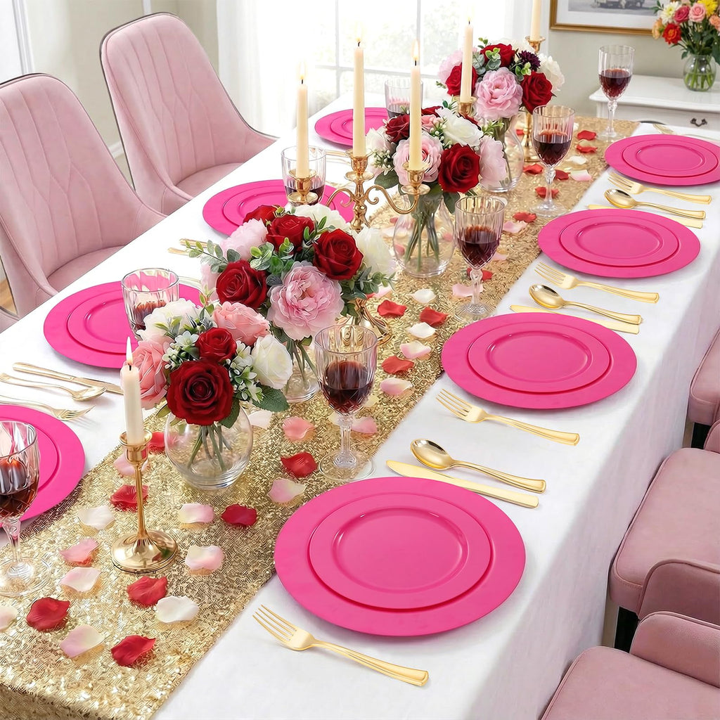 FLOWERCAT 60PCS Hot Pink Disposable Party Plates Set – 30 pcs 10.25″ Dinner Plates & 30 pcs 7.5″ Dessert Plates for Spring Parties, Valentine’s Day, Wedding – Sturdy & Stylish Tableware