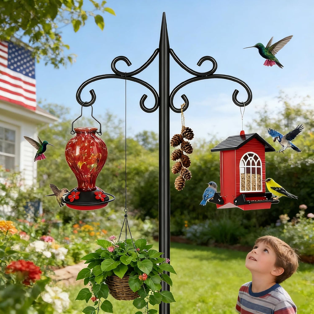 Skiennix Heavy Duty Double Shepherd Hooks - 72-Inch Adjustable Metal Bird Feeder Pole for Outdoor Use | 5-Prong Base