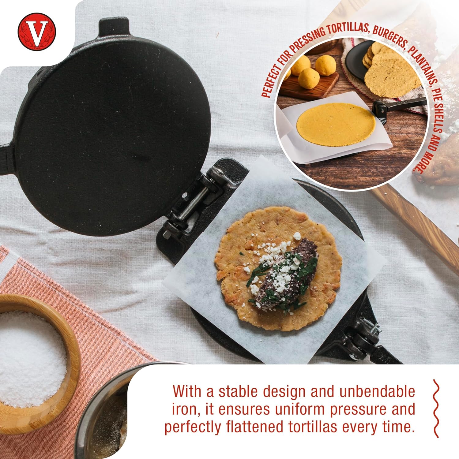Victoria Cast Iron Tortilla Press - 8 Inch Roti Maker Seasoned with Flaxseed Oil | Traditional Black Design