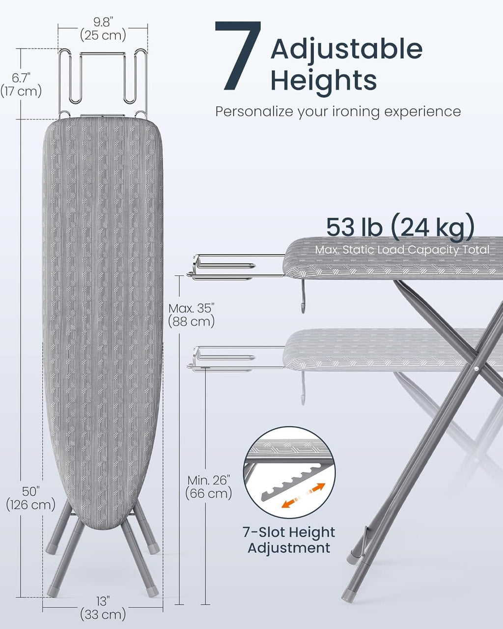 SONGMICS Ironing Board - Foldable & Height Adjustable Up to 35 Inches | 4-Layer Cover & Pad, Dove Gray