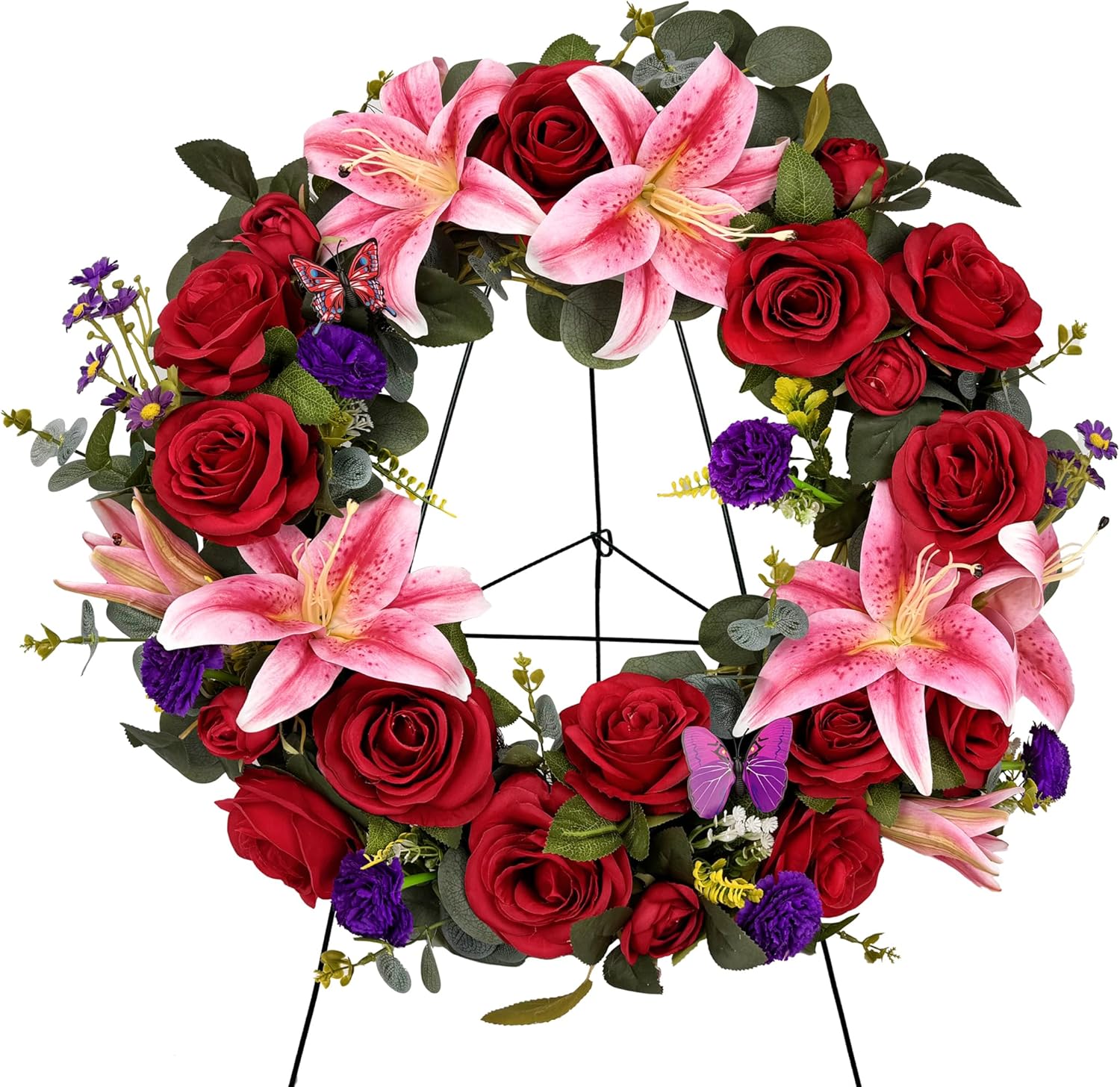 Regine Switzerland Cemetery Wreath - Handmade Floral Arrangement with 30-Inch Easel Stand | Red & Pink Roses, Lilies, Daisies, and Carnations
