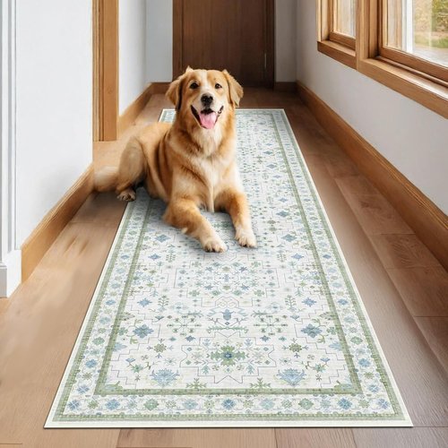 Hazo Haus Oushak 3x16 Wide Hallway Runner Rug - Vintage Turkish Floral Design | Washable Low Pile, Non-Slip - Light Blue & Green