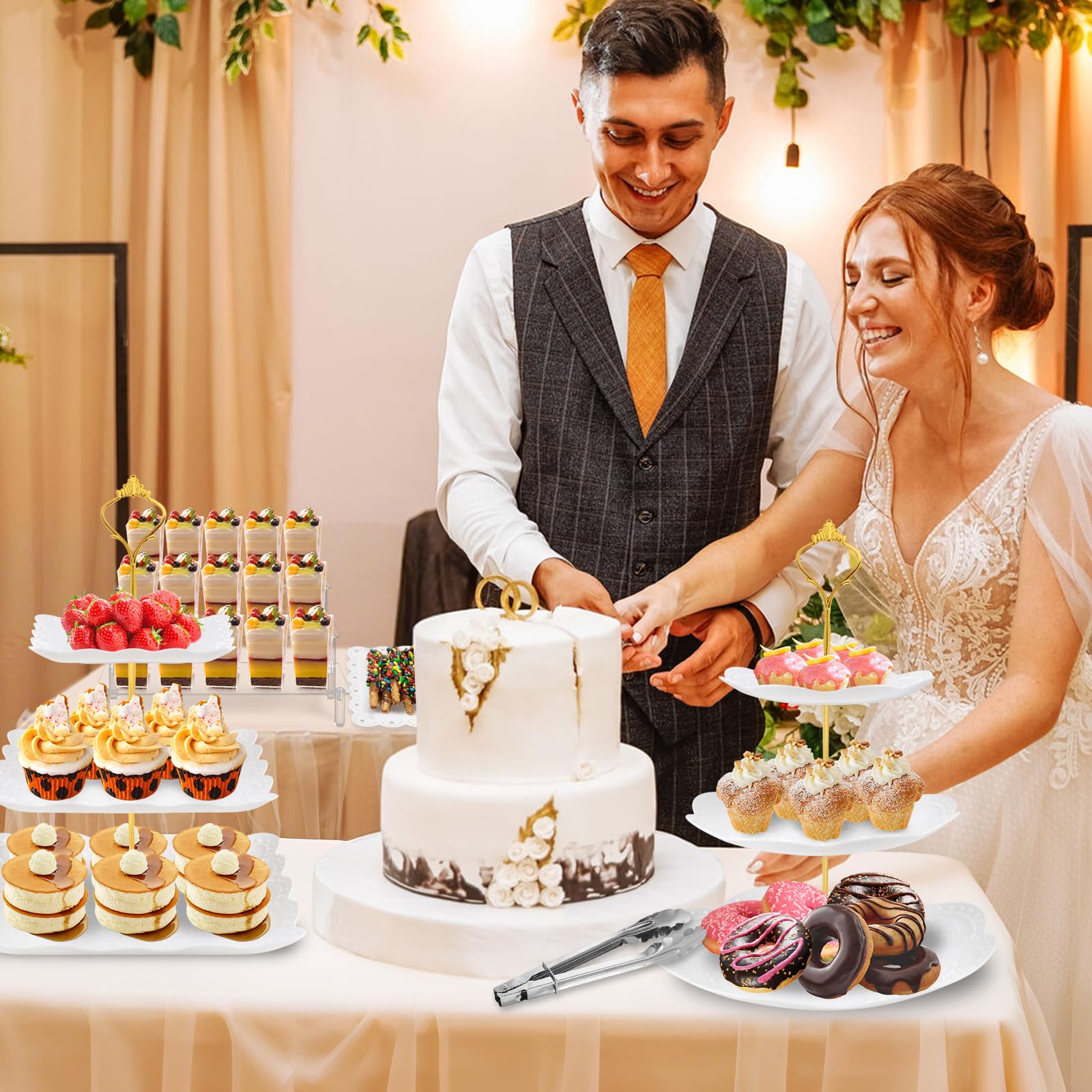 Xoogifae 13pcs Dessert Table Display Set, 4pcs Tiered Cupcake Stand Holder Tower, 1pc Acrylic Dessert Display Riser, 6pcs Serving Trays, 2pc Tong Combo For Wedding Party Birthday Bride Baby Shower