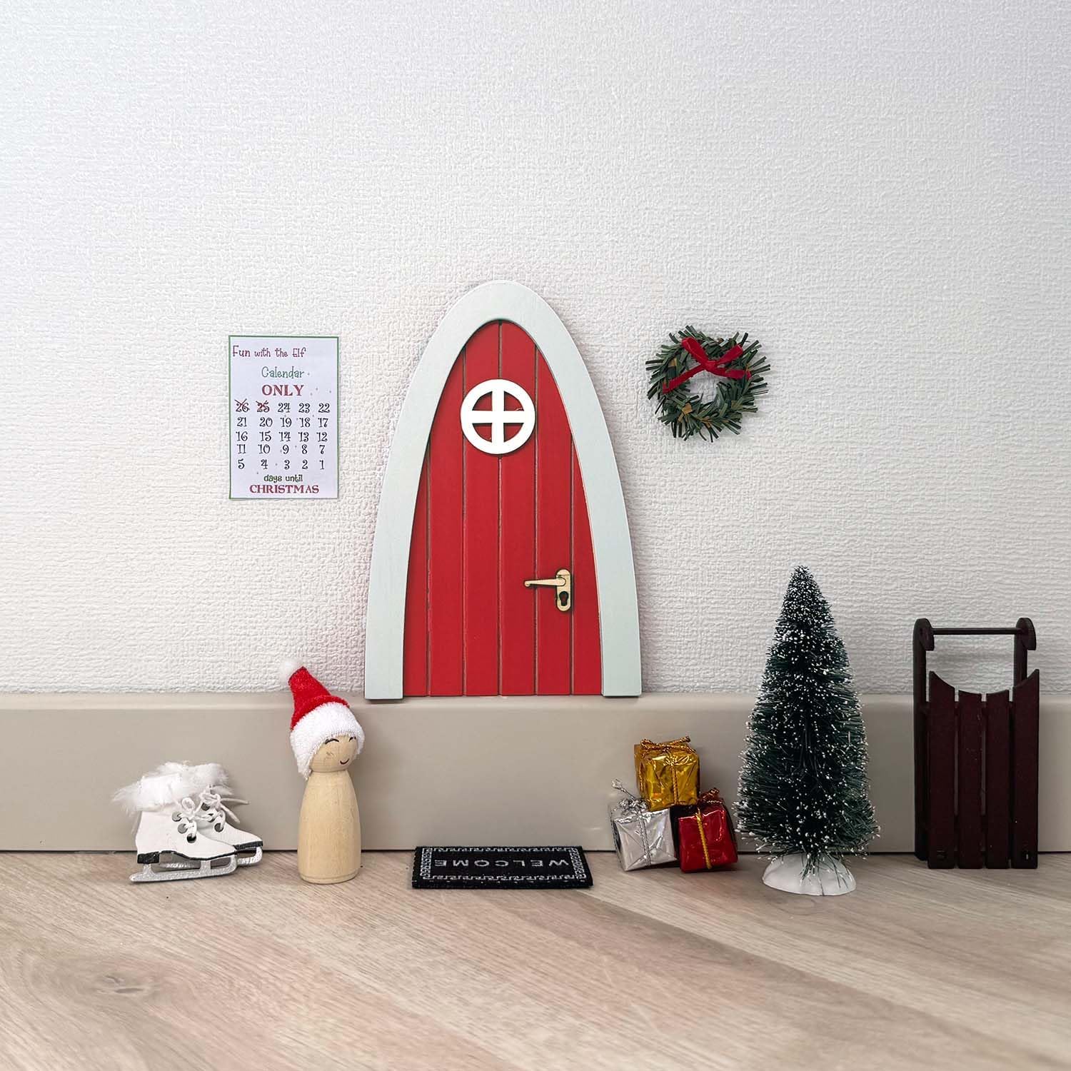 Tonttuovi Christmas Elf Door Kit - Wooden Elf Door with Accessories, Mini Tree & Wreath | 24 Days of Fun Activities