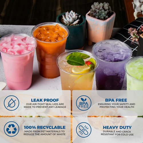Freshware Clear Plastic Cups with Flat Lids and Straws [100 Cups - 24 oz] Disposable Tumblers for Iced Coffee, Smoothie, Milkshake, Cold Drinks