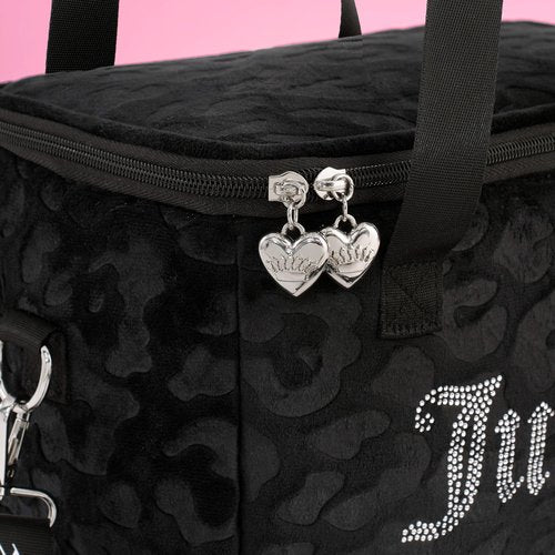 Juicy Couture Chill Couture Lunch Tote Bag With Adjustable Strap, Black Debossed Leopard Velour with Silver Juicy Rhinestones - Women's Lunch Box Bag for Work, School, Travel