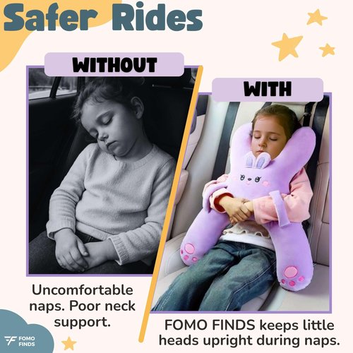 FOMO Finds Kids Car Sleeping Pillow - X-Shaped Plush Animal for Neck & Back Support - Hands & Seat Belt Slot - Machine Washable & Compressible - Perfect for Car, Plane, Train, Boat & More - Purple