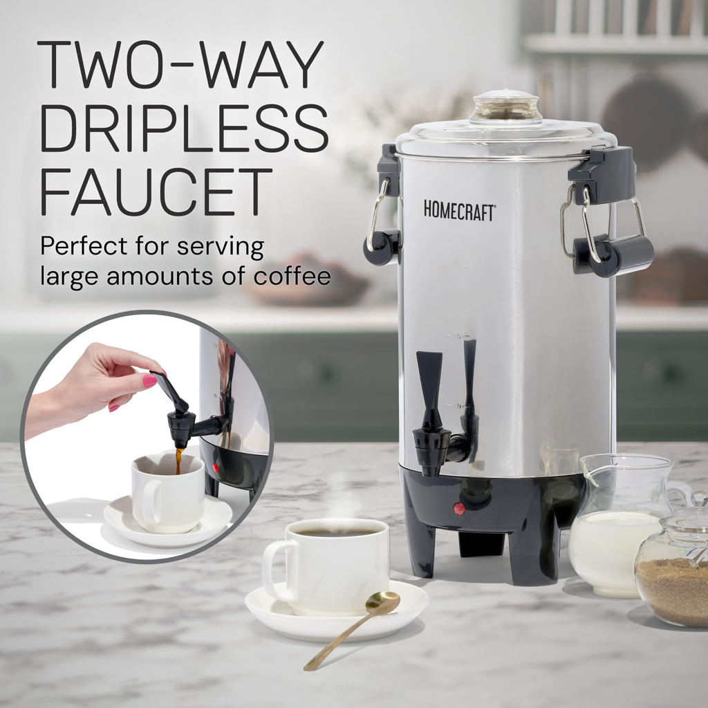 30 Cup Coffee Urn - Quick-Brewing Stainless Steel Double-Faucet - Perfect For Espresso, Hot Water, Tea, Hot Chocolate - Stainless Steel