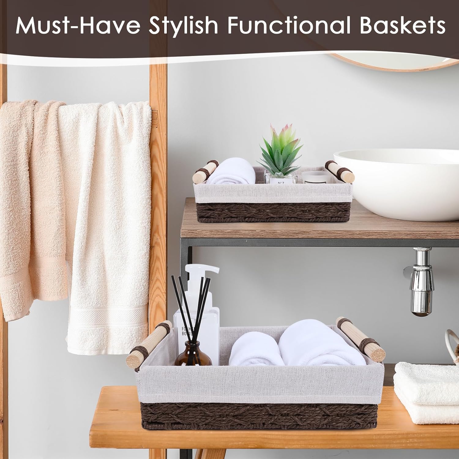 Wicker Storage Basket - Decorative Paper Rope Baskets with Wooden Handle | 2-Pack, Brown for Home & Office Organization