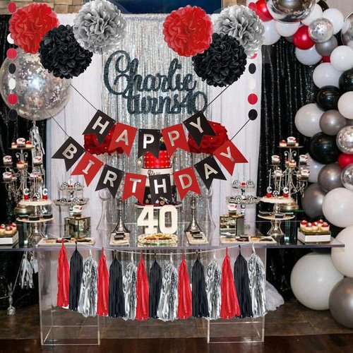 24PCS Red Black Silver Birthday Party Streamers Backdrop Decorations for Adult Women Men 21st 30th 40th 50th 60th 70th Birthday Banner Party Table Centerpieces Wall Hanging Paper Flowers Garland Décor