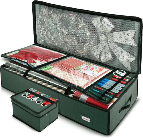 Hearth & Harbor Wrapping Paper Storage Container with Ribbon Storage Organizer - Christmas Storage Bag with Extra Interior Pockets - Gift Wrapping Organizer Storage Fits Up to 26 Rolls of 40" Length