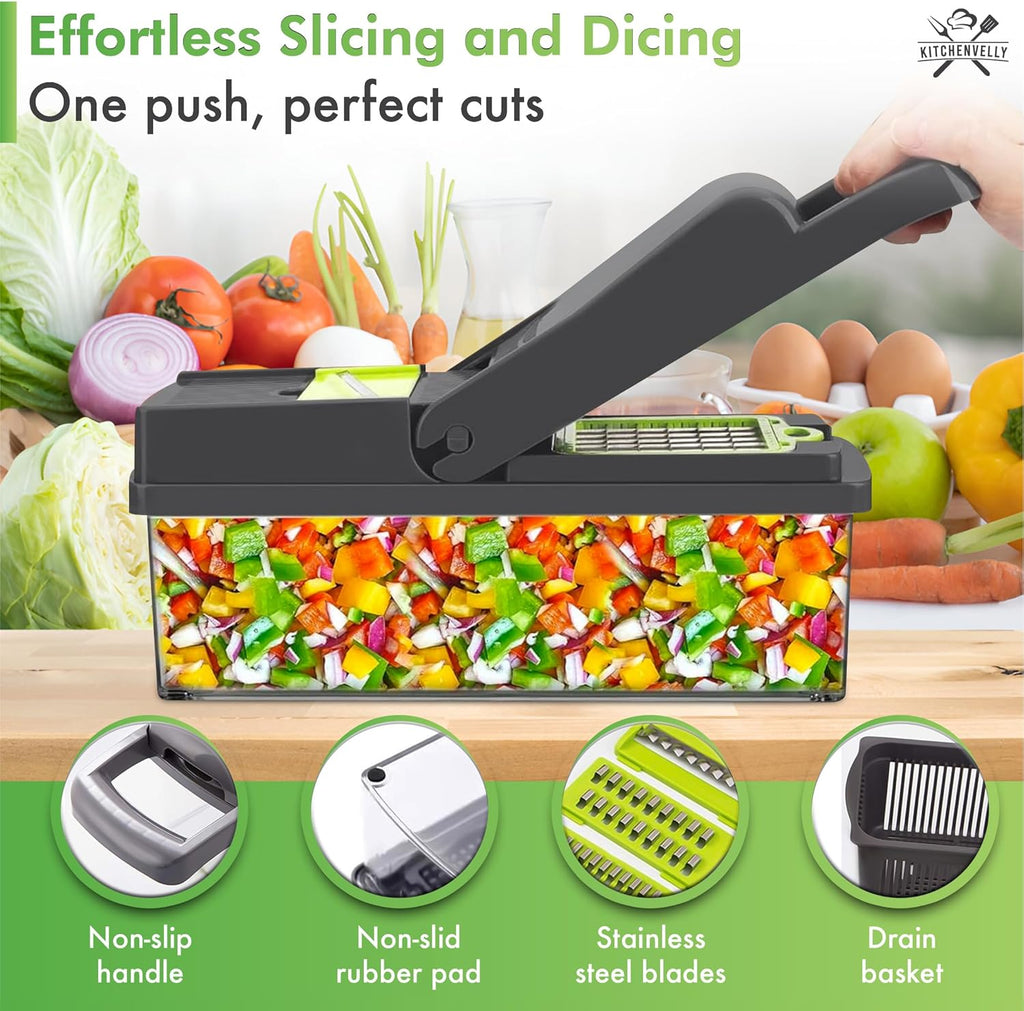 Skiennix 16-in-1 Vegetable Chopper - Easy Meal Prep Tool with 8 Stainless Steel Blades | Green