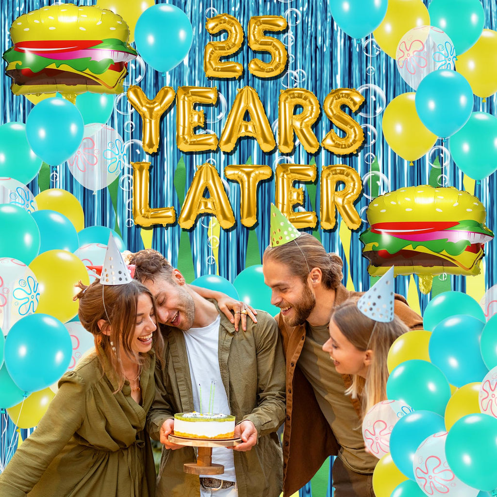 Sponge 25th Birthday Decorations, 25 Years Later letter Balloons Set for Ocean Theme Party,Birthday Decor,Mermaid,Baby Shark,with Hamburger Balloons,Blue Backdrop Bubble Garland and Crepe Paper