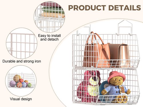 4" Extra Deeper Foldable Hanging Closet Organizer, Small Wire Cabinet Shelves and Storage with 5 S Hooks,4 Tier Metal Basket Bins for Clothes Sweaters Handbags, Wardrobe for Kitchen Laundry Room，White