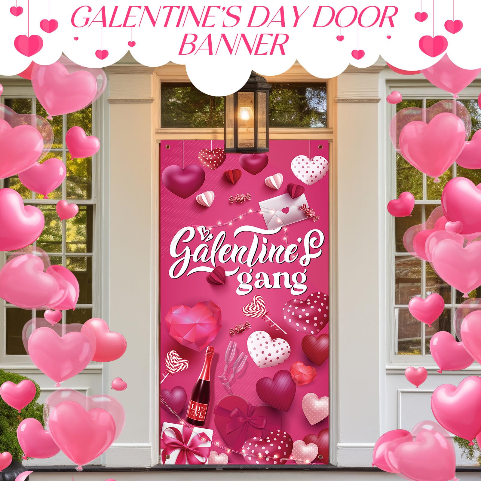 VitalCozy Galentine's Day Door Cover 72 x 35 Inch Happy Galentine's Day Galentines Gang Door Banner Pink Heart Valentines Indoor Outdoor Decorations for Women Girls Home Party Supplies(Classic)