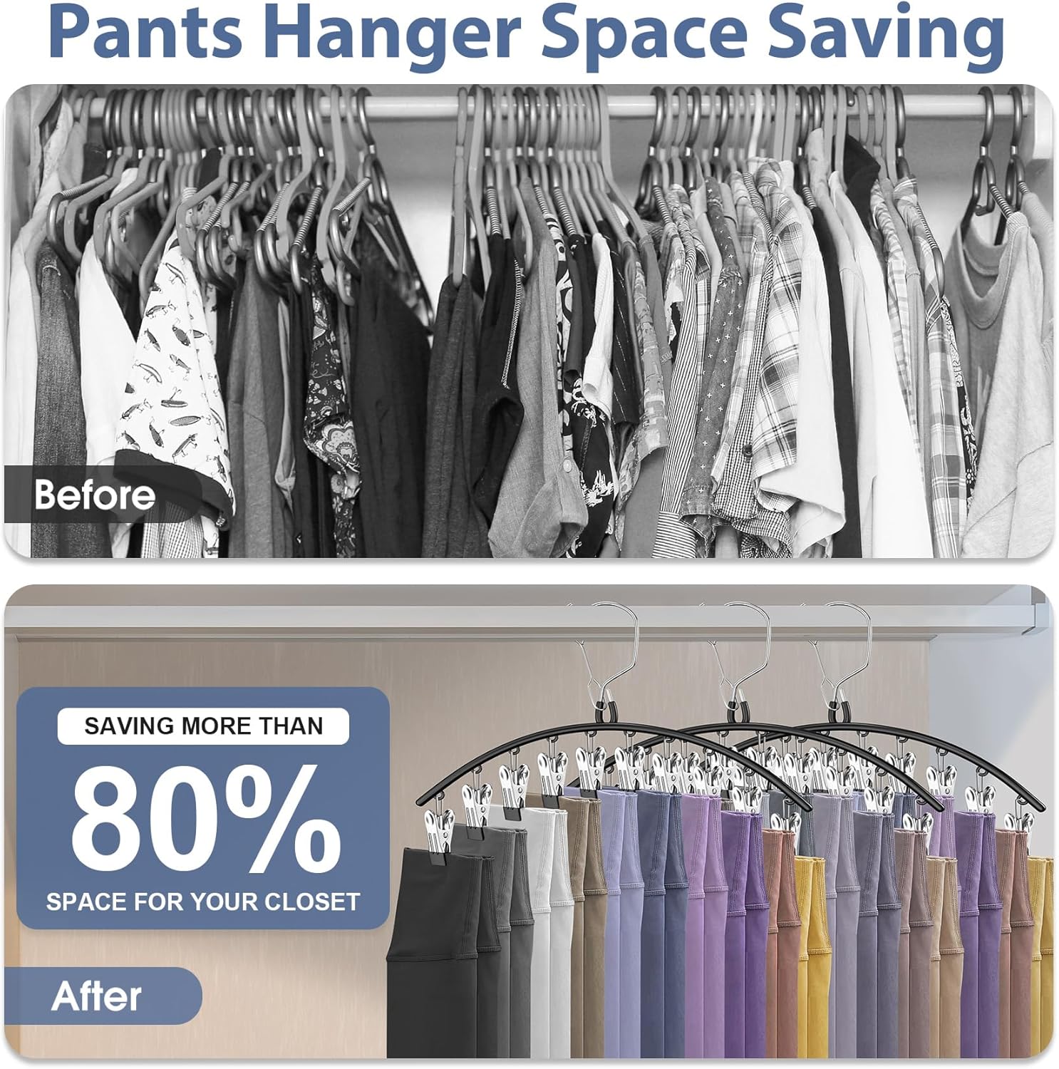 Skiennix 3-Pack Skirt Pants Hangers - Space-Saving Closet Organizer with 10 Clips for Leggings, Shorts, Jeans & Skirts - Black