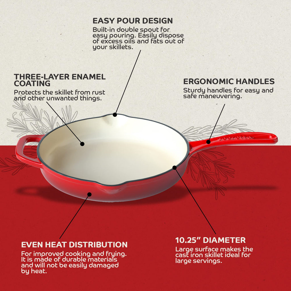 Segretto Cookware Enameled Cast Iron Skillet, 10.25-IN Rosso (Gradient Red) Enamel Skillet Pan, No Seasoning Required and Cast Iron Frying Pan