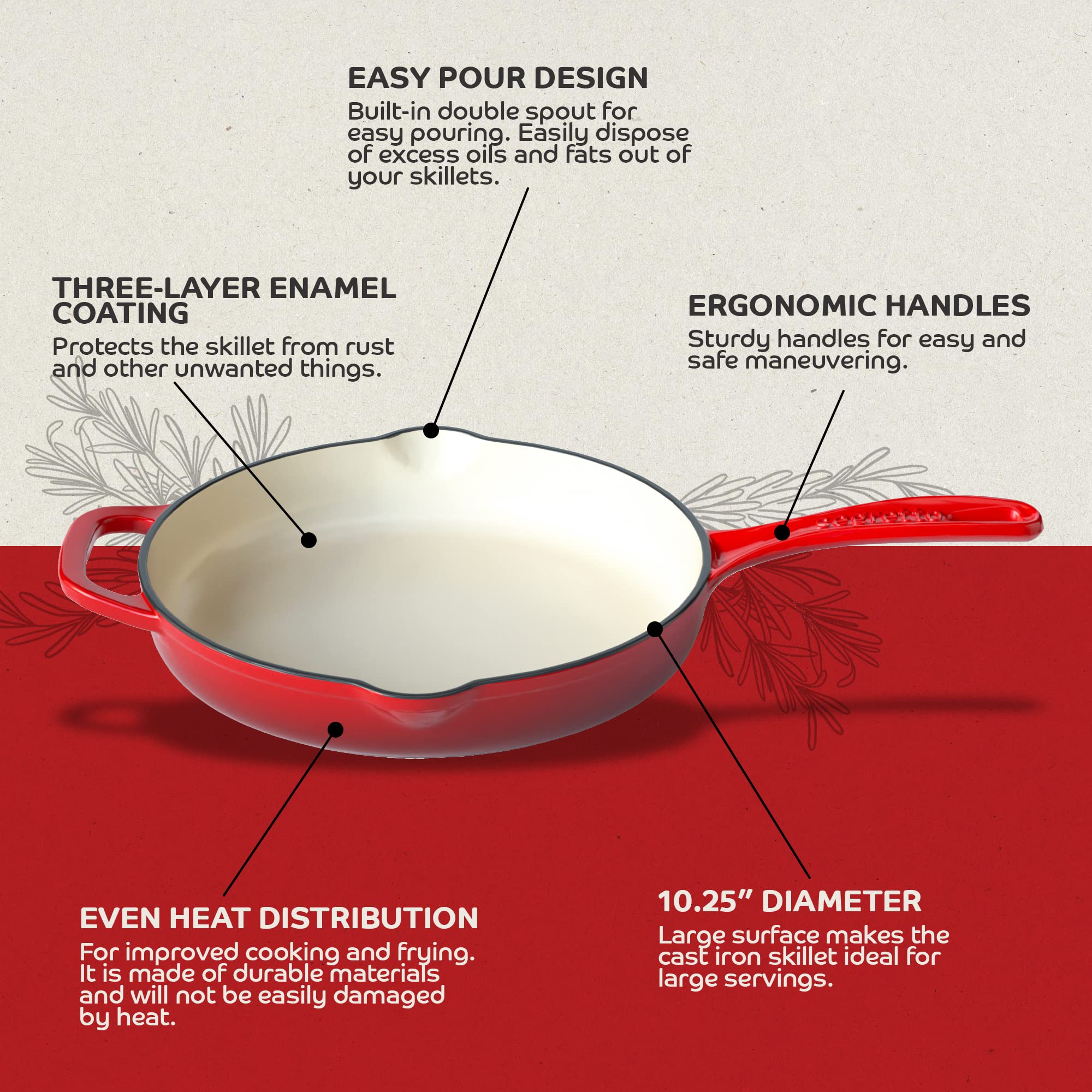 Segretto Cookware Enameled Cast Iron Skillet, 10.25-IN Rosso (Gradient Red) Enamel Skillet Pan, No Seasoning Required and Cast Iron Frying Pan