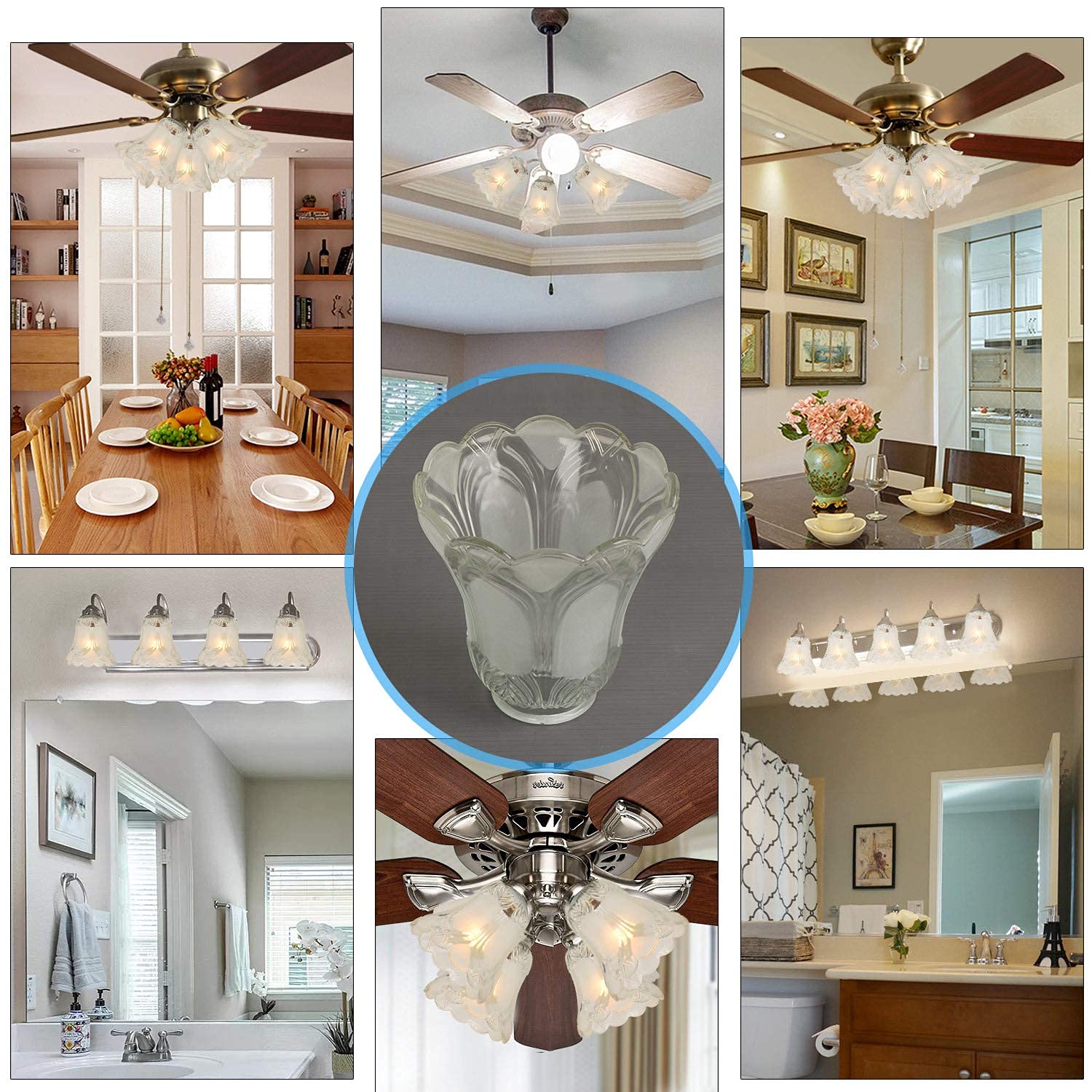 Anmire 2 Pack Clear Frosted Flower Glass Shade, Bell Shaped Light Fixture Replacement Globe or Cover with 2-1/8-Inch Fitter for Ceiling Fan Light Chandelier Wall Sconce, G0015