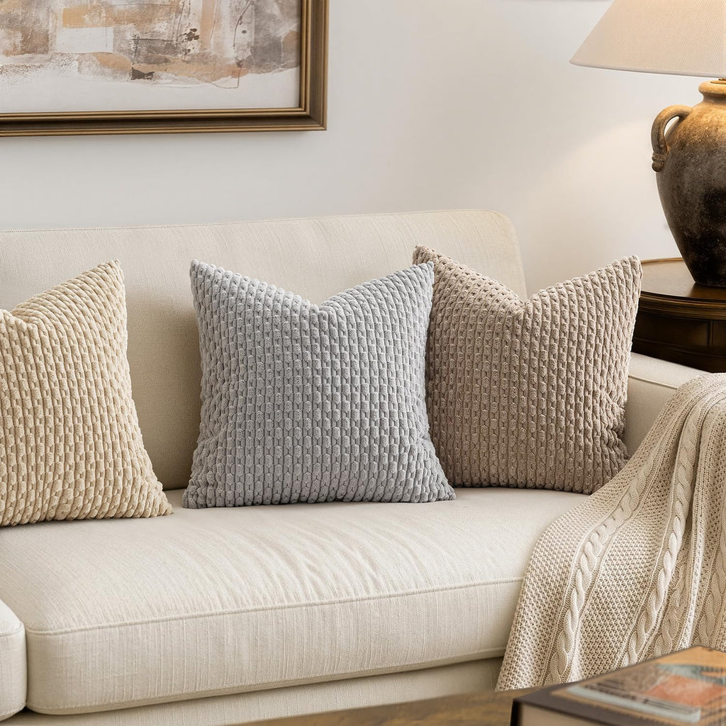 MIULEE Pack of 2 Decorative Throw Pillow Covers 18x18 Inch Soft Boho Striped Textured Corduroy Pillow Covers Modern Farmhouse Home Decor for Couch Bed Sofa Living Room Neutral Light Brown