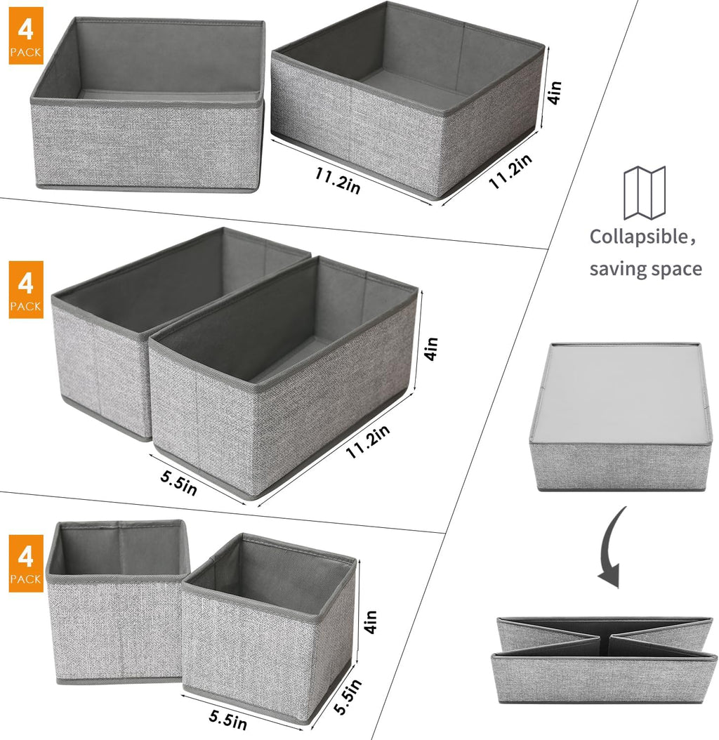 Skiennix Drawer Organizers - 12 Pack Foldable Storage Bins for Clothing | Grey Fabric Dividers for Closet & Dresser