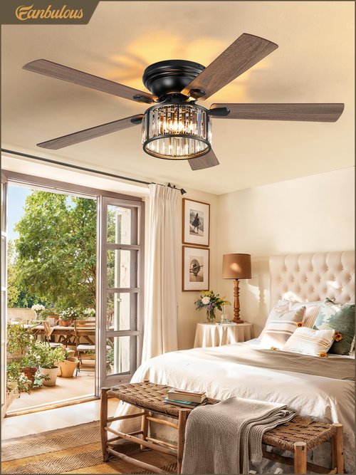 56 Inch Farmhouse Chandelier Ceiling Fan with Remote Control, Black Indoor Crystal Ceiling Fan with 6-Speeds, Quiet Reversible DC Motor, Flush Mount Ceiling Fans with Lights for Bedroom, Living Room