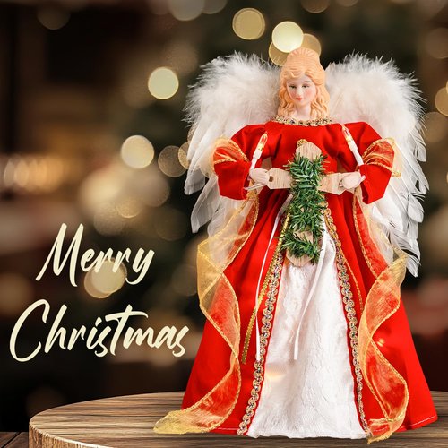 Christmas Angel Tree Topper with Light | 12” Christmas Tree Topper - Battery Operated - Natural Goose Feather - Red Dress Treetop Ornaments Indoor Decorations