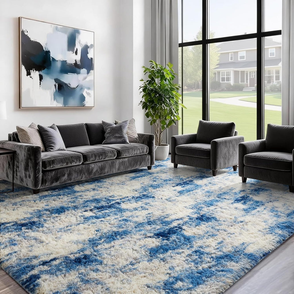 Ophanie Area Rug - Fluffy Shag Soft Carpet for Living Room | 6x9 Blue, White & Grey Design
