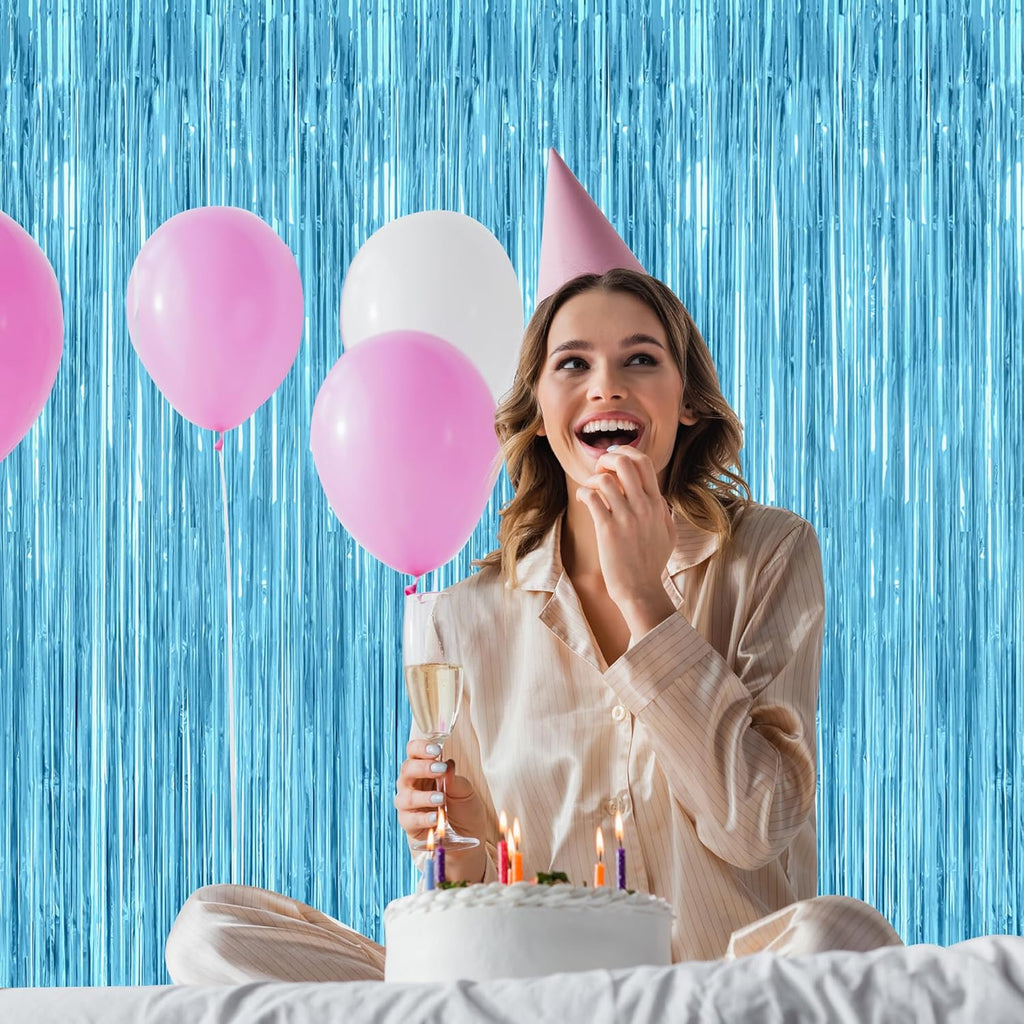 Skiennix Blue Foil Streamers - 4 Pack Metallic Sky Blue Backdrop Fringe Curtains | 3.28 FT x 7.05 FT Birthday & Winter Party Decor