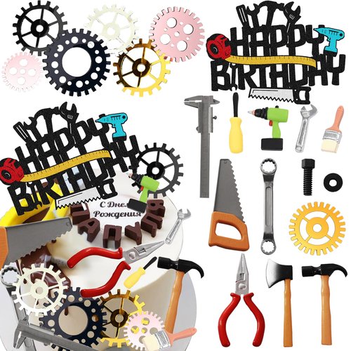Tools Cake Topper Wrench Hammer Drill Plier Handsaw Tape Measure Screwdrivers Themed Happy Birthday Party Cake Decor