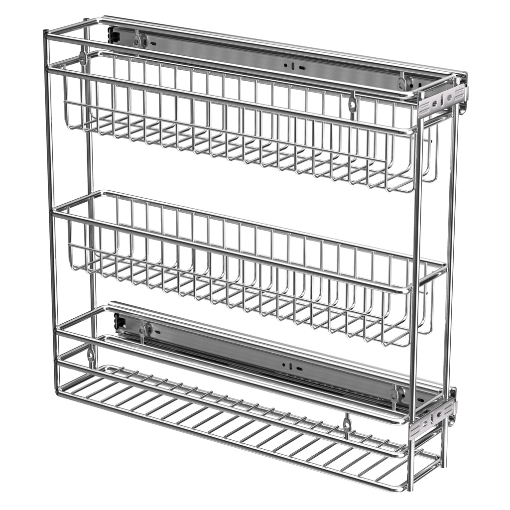 JOWBOOW Narrow Pull Out Cabinet Organizer, 4" Skinny Side Mount Spice Rack for Frameless Cabinets, Heavy Duty 3-Tier Zero Wobble Slide Out Shelf