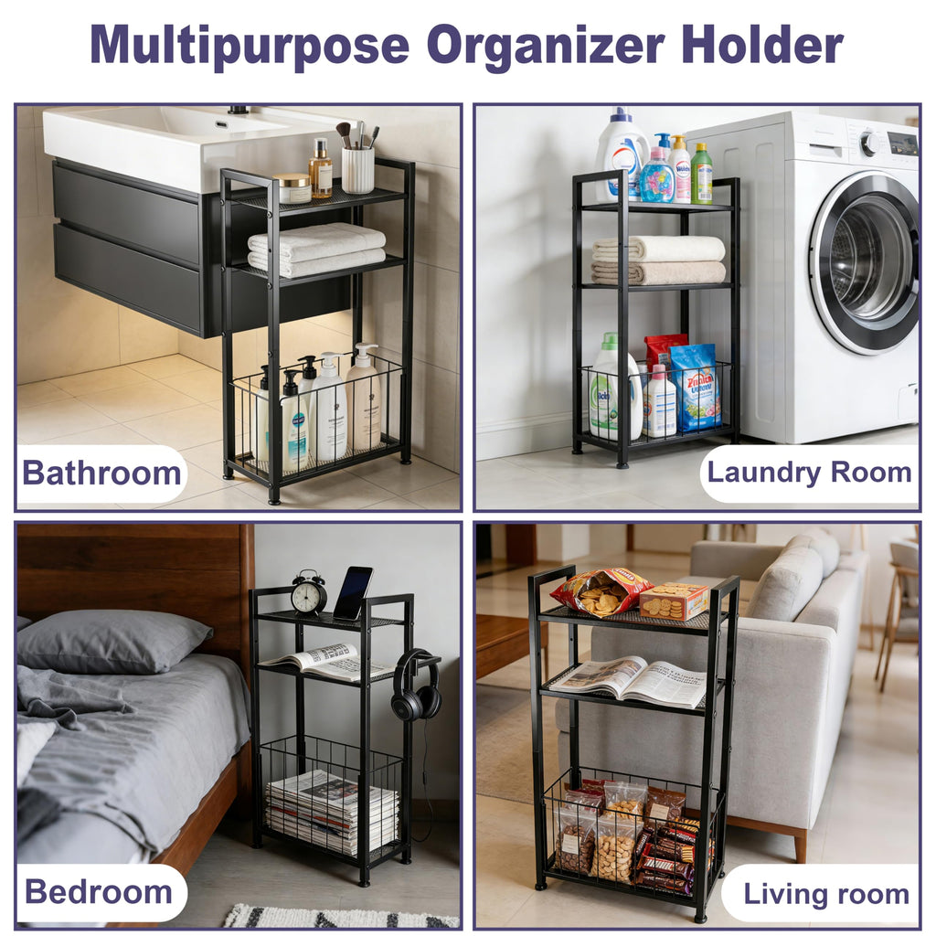 Free Standing Toilet Paper Holder with Shelf, Adjustable Feet Bathroom Toilet Paper Holder Stand for Narrow Space, Roll Dispenser Tissue Holder, Holds Multiple Rolls and Keeps Paper Dry and Clean