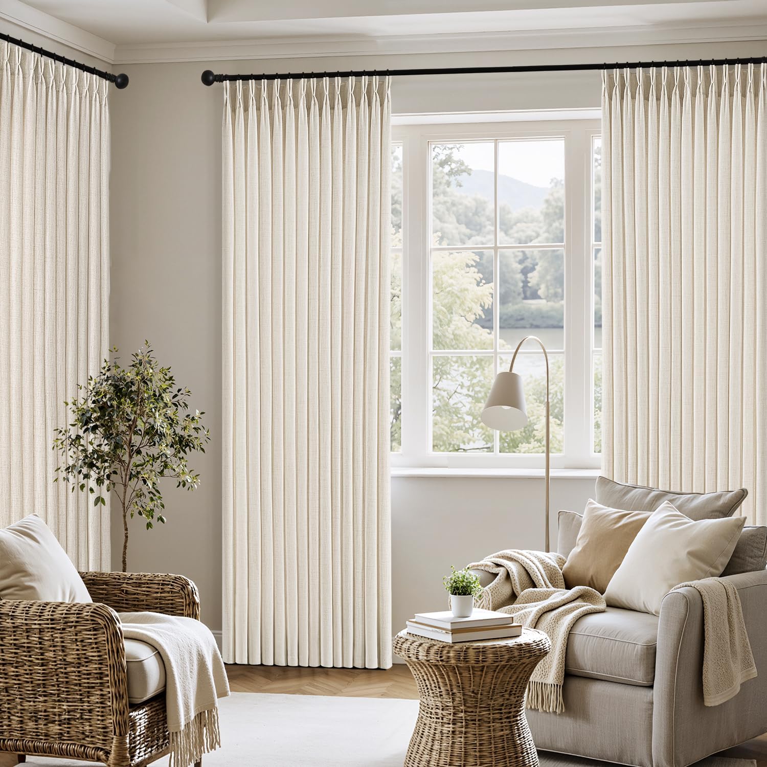 MIULEE Pinch Pleated Thick Linen Curtains - 90-Inch Ivory Cream Semi-Sheer Drapes | 4 Panels for Living Room & Bedroom