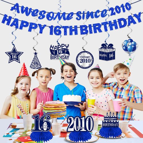 Kuxriox 11Pcs 16th Birthday Decorations Kit for Boys Men, Blue Sliver Happy 16th Birthday Banner, Awesome Since 2010 Centerpieces Swirls Party Supplies, Sixteen Bday Banner Ceiling Table Topper Sign
