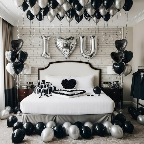I Love You for Him/Her Balloon Black Silver Balloon with Heart Shaped Balloons Black Artificial Rose Petals Romantic Decoration Kit Perfect for Anniversaries Proposals Valentine's Day
