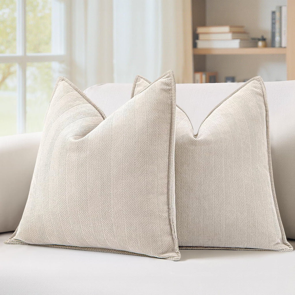 MIULEE Pack of 2 Cream Beige Decorative Pillow Covers 20x20 Inch Soft Chenille Luxurious Couch Throw Pillows Farmhouse Cushion Covers with Elegant Design for Sofa Bedroom Living Room Summer Decor