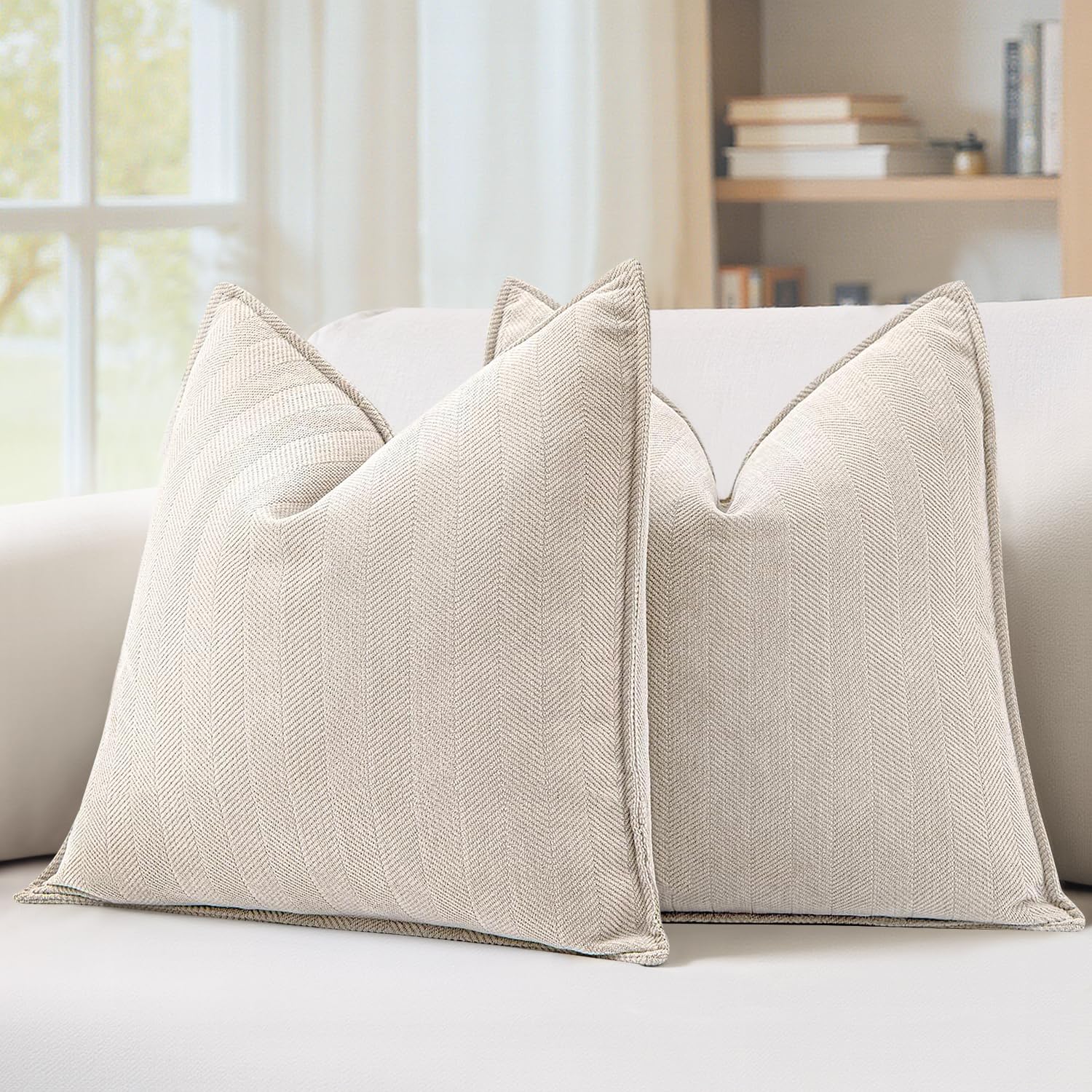 MIULEE Pack of 2 Cream Beige Decorative Pillow Covers 20x20 Inch Soft Chenille Luxurious Couch Throw Pillows Farmhouse Cushion Covers with Elegant Design for Sofa Bedroom Living Room Summer Decor