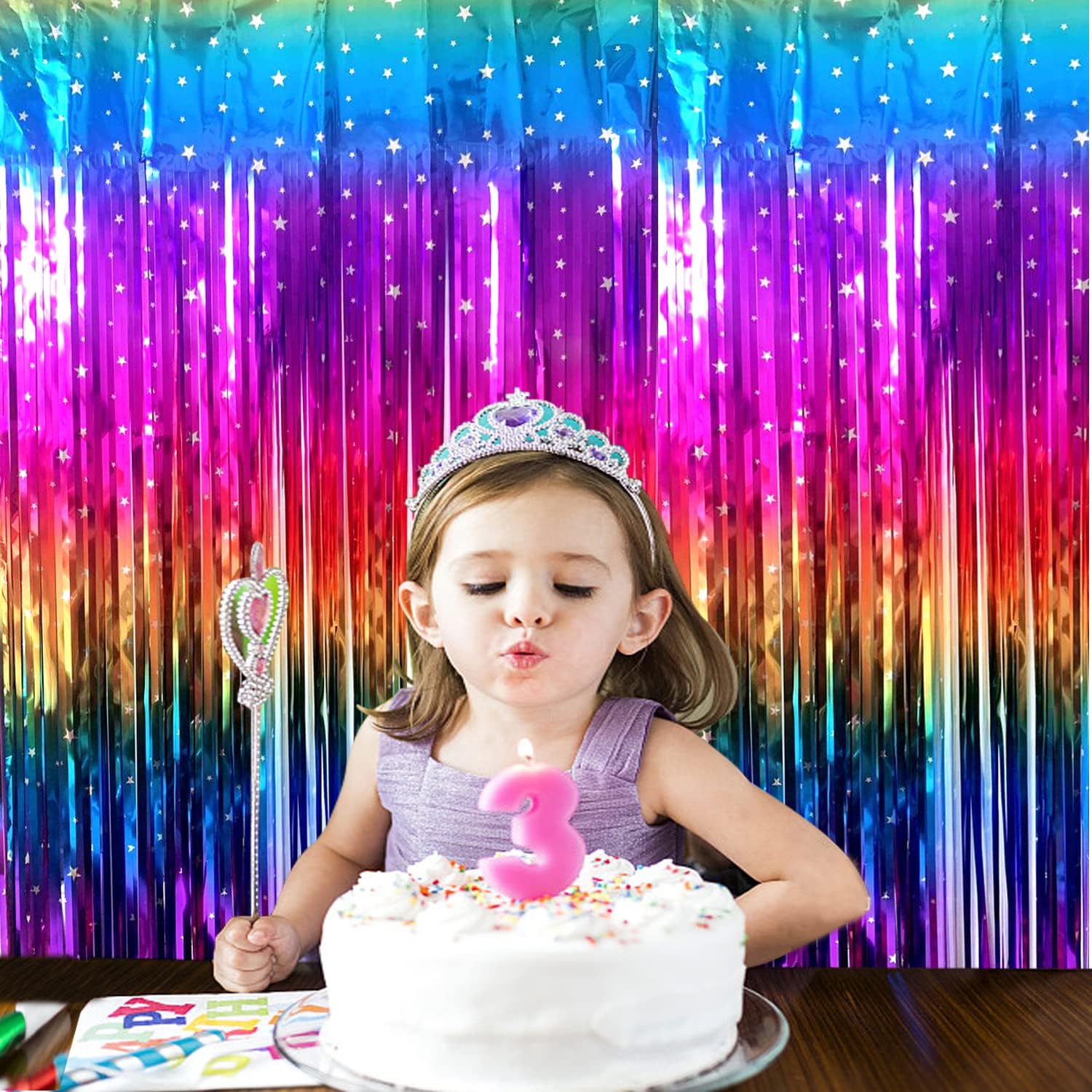 Rainbow Tinsel Foil Fringe Curtains - 2 Pack Metallic Streamers for Party Decorations | 3.3x6.6ft