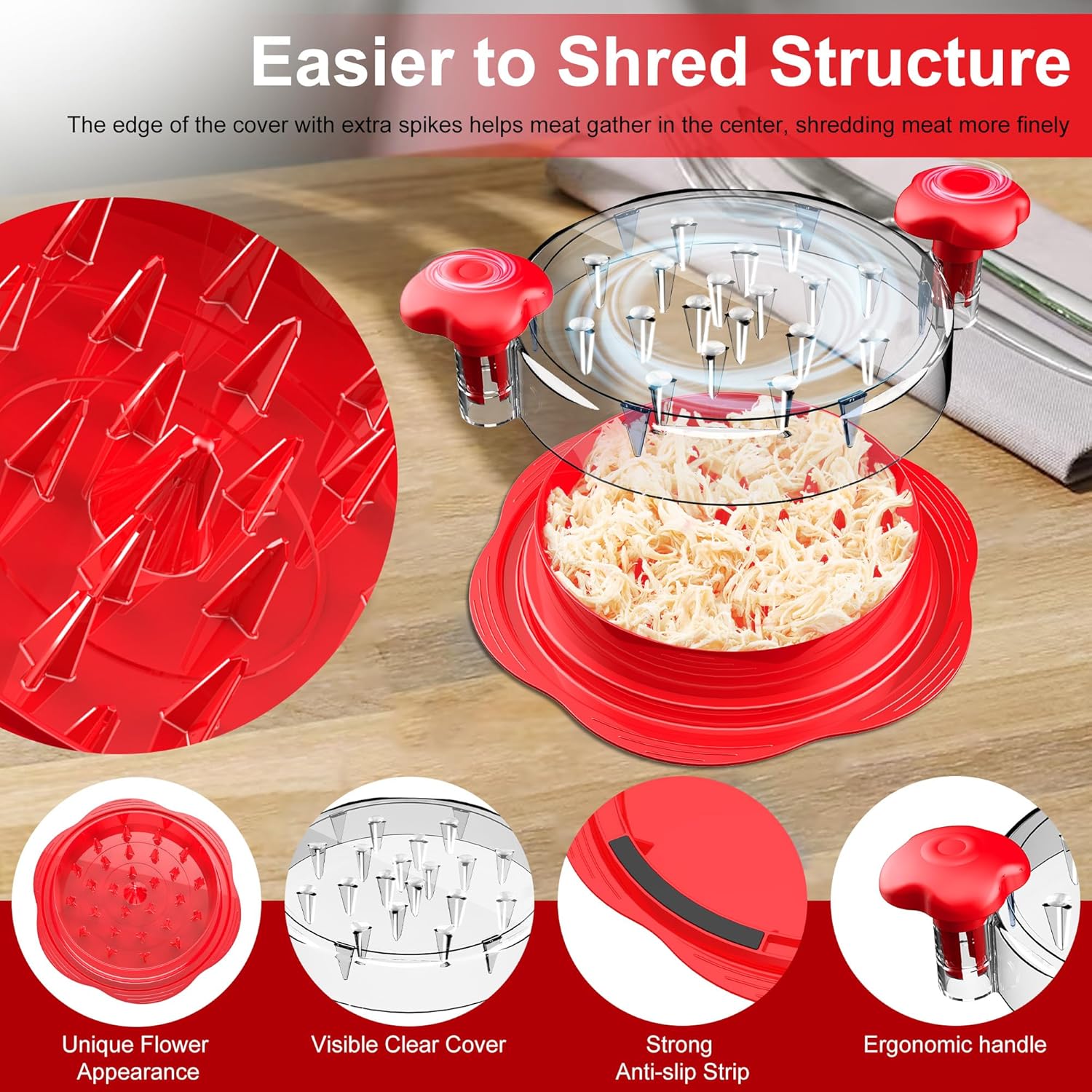 SURETIVIAN Chicken Shredder - Ergonomic Meat Shredder Tool with Brush & Fork | BPA-Free, Red