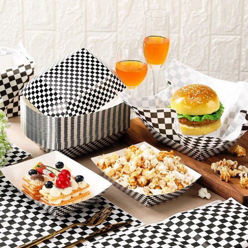 Geosar 100 Pcs Gingham Party Supply Disposable Paper Food Tray Bulk Disposable Food Boat with Checkered Wax Paper Sheet Checkered Wrapping Supply for Carnival Picnic Birthday Party (Black White)