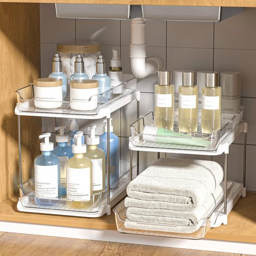 Delamu 2-Tier Multi-Purpose Bathroom Under Sink Organizers and Storage, Stackable Kitchen Pantry Organization, Pull Out Medicine Cabinet Organizer with Movable Dividers, White, 4Pack