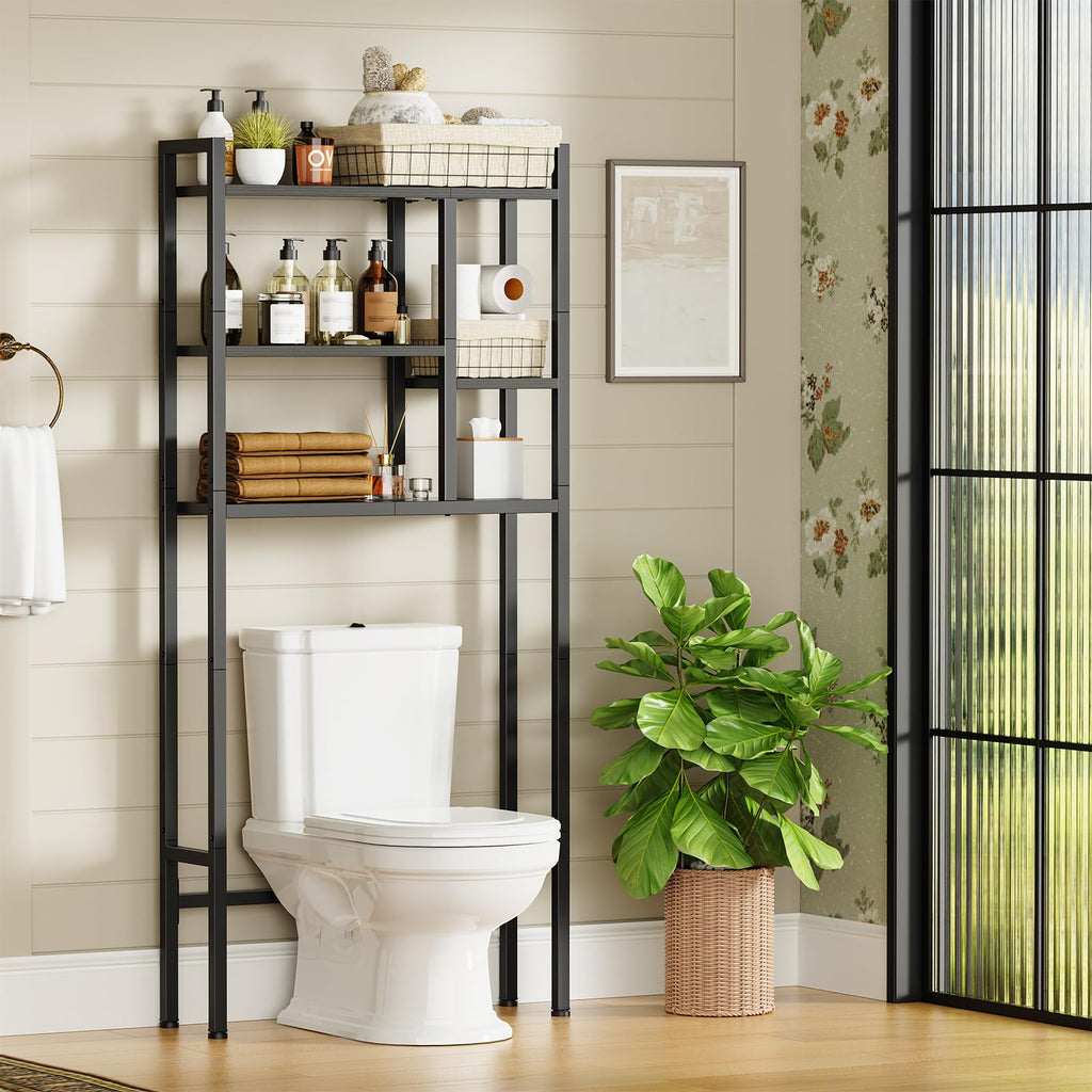 Asgolion Over The Toilet Storage Rack, 3-Tier Bathroom Organizer Over Toilet, Wooden Above Toilet Storage Shelf, Space Saver, Freestanding Bathroom Storage Metal Shelf, Easy to Assemble, Black