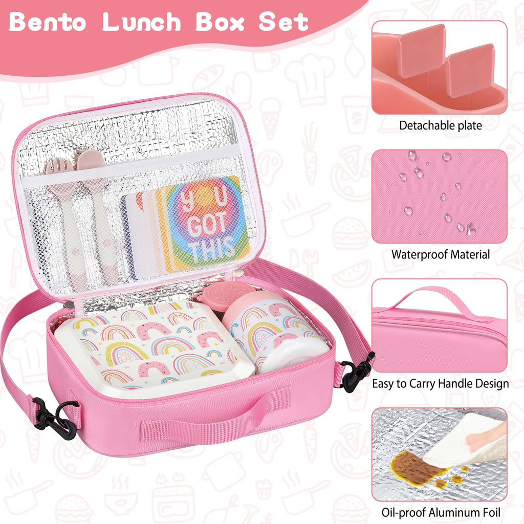 wiwens Bento Lunch Box for Kids with 12oz Soup Thermo Leak-Proof Lunch Food Container with 5 Compartment Thermo Hot Food Jar and Insulated Lunch Bag for Kid Toddler Girls Boys to School