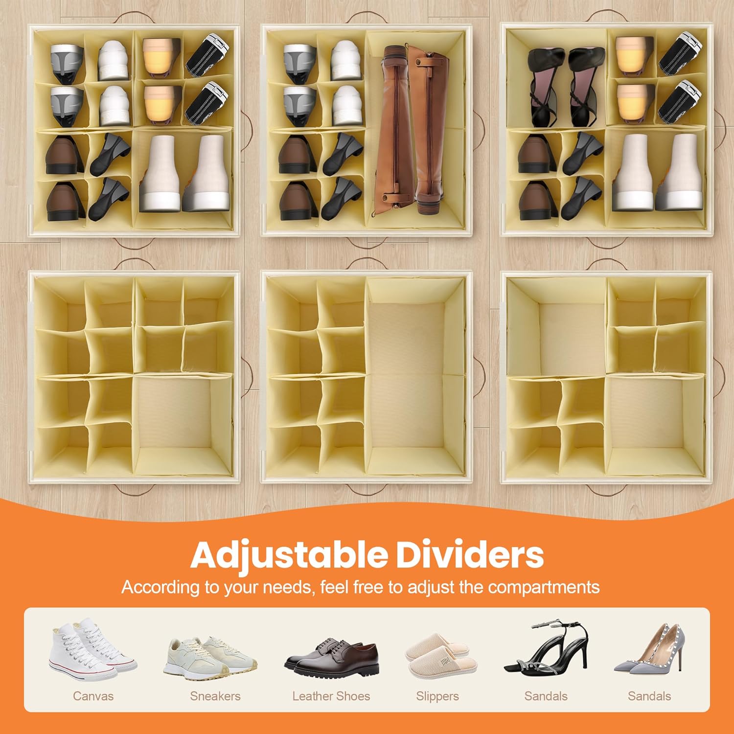 Skiennix Shoe Organizer - 2 Pack Stackable Storage Box with Wheels & Adjustable Dividers | Fits 16-32 Pairs, Beige