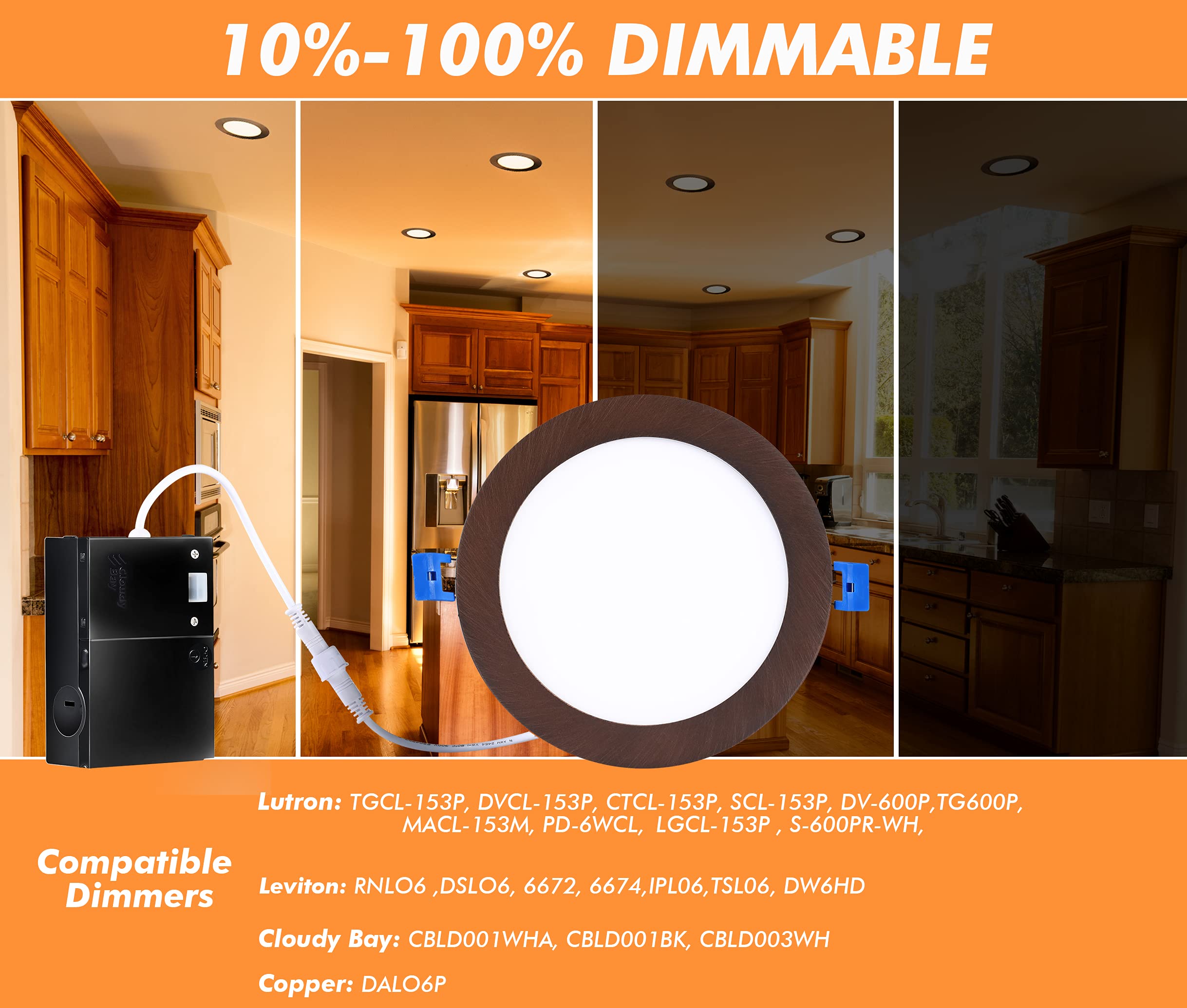 Cloudy Bay 6 inch 3000K/ 4000K/ 5000K Three Color Temperature Selectable,Dimmable 15W CRI90+,Ultra Thin LED Recessed Light with Junction Box,IC Rated, Canless Wafer Downlight, Oil Rubbed Bronze,6 Pack