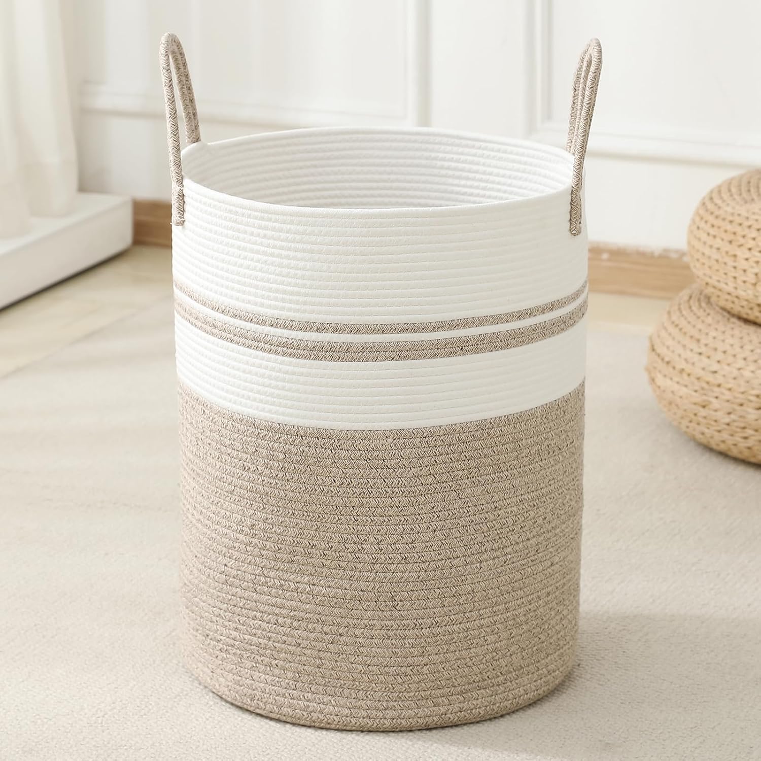 Skiennix Laundry Basket Hamper - Tall Woven Rope Storage for Blankets & Toys | 60L Brown & White