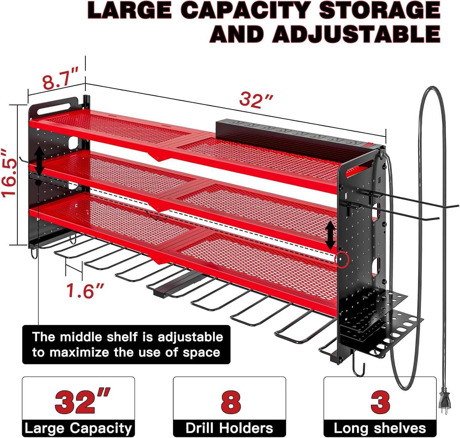 NattyDot Power Tool Organizer - Wall Mount Charging Station with 8 Drill Holders & 4 Layer Storage Rack (Red)